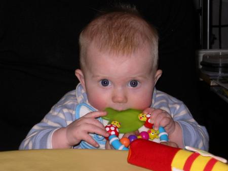 Mordiller, mettre � la bouche... pas encore de dents mais �a travaille!